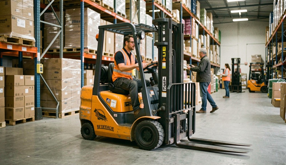Operate a forklift safely in a shared warehouse space: editorial warehouse photograph