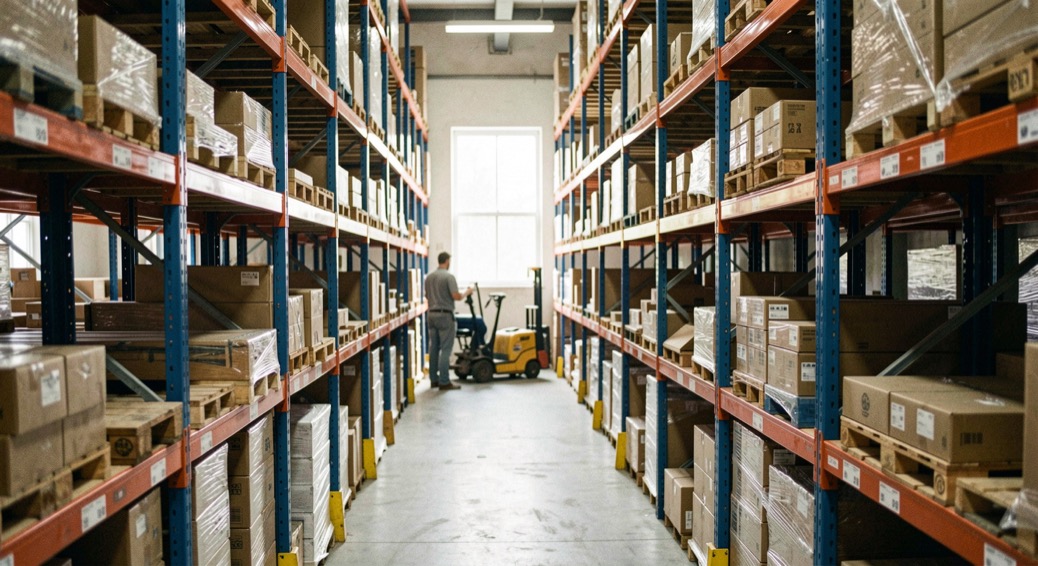 Choose between pallet racking and shelving systems: editorial warehouse photograph