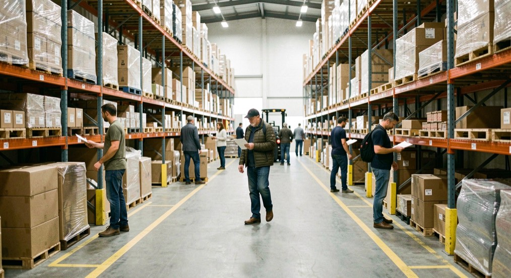 Design clear pedestrian routes through busy storage areas: editorial warehouse photograph