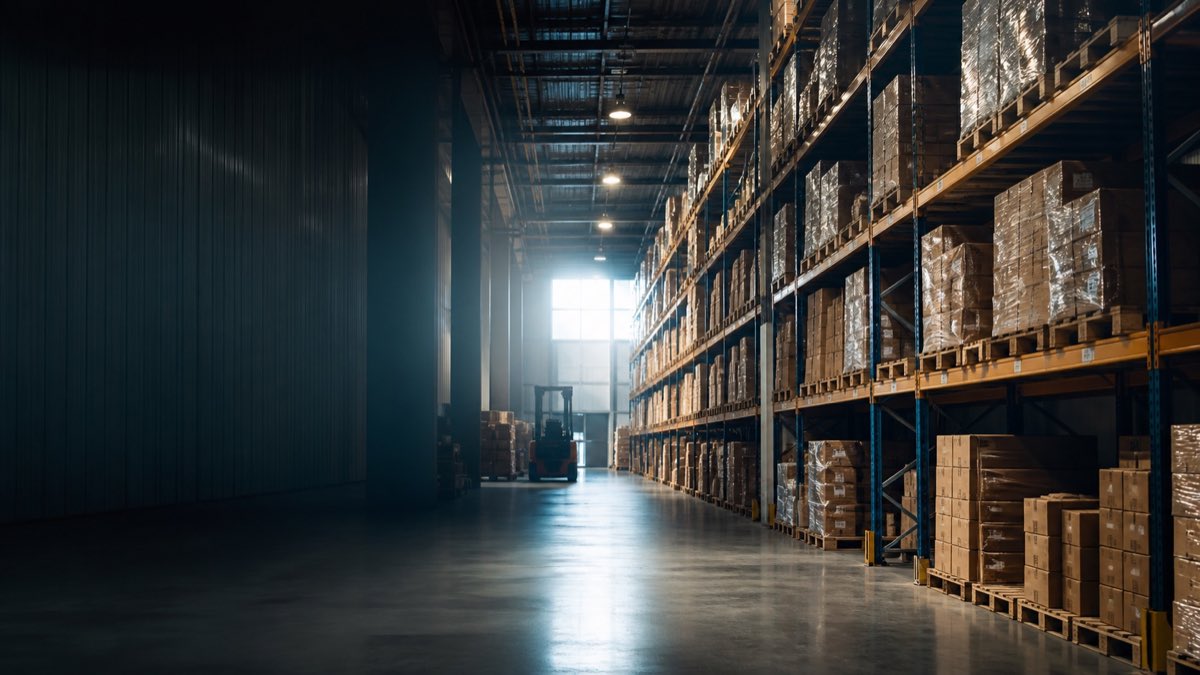 Tall warehouse racking and a clear aisle in an industrial storage space